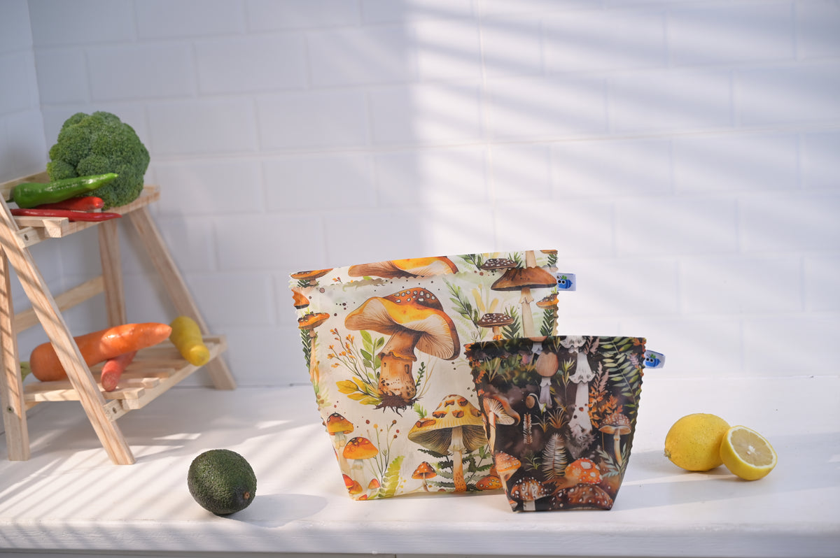 Bluebee 2-Piece Beeswax Food Bag Set: Enchanted Forage Mushroom Collection