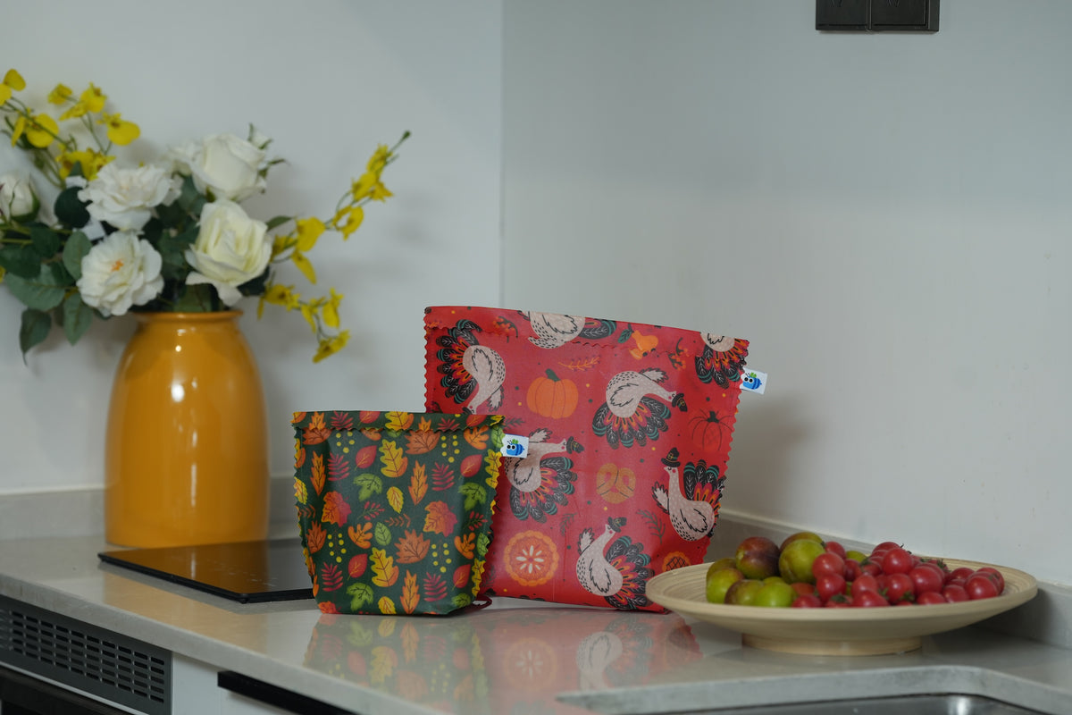 Bluebee 2-Piece Beeswax Food Bag Set: Autumn Magic Thanksgiving Collection